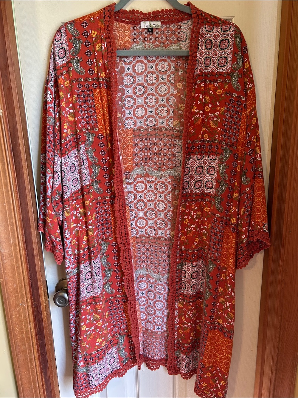 Red Patchwork Open-Front Kimono with Crochet Trim